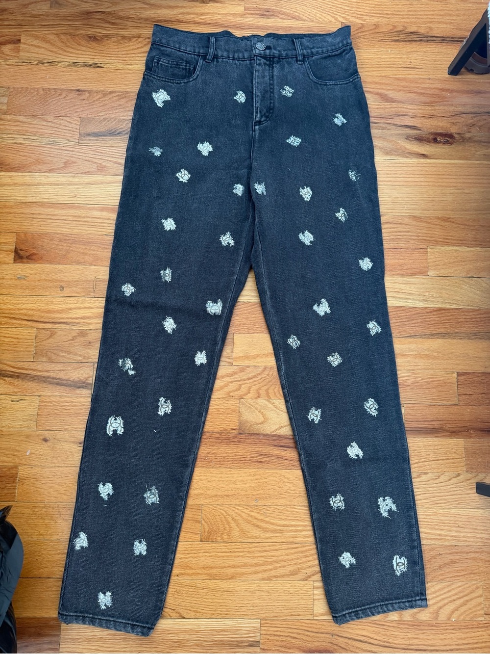 Chanel Grey Denim Jeans with Foil Silver Logo Details